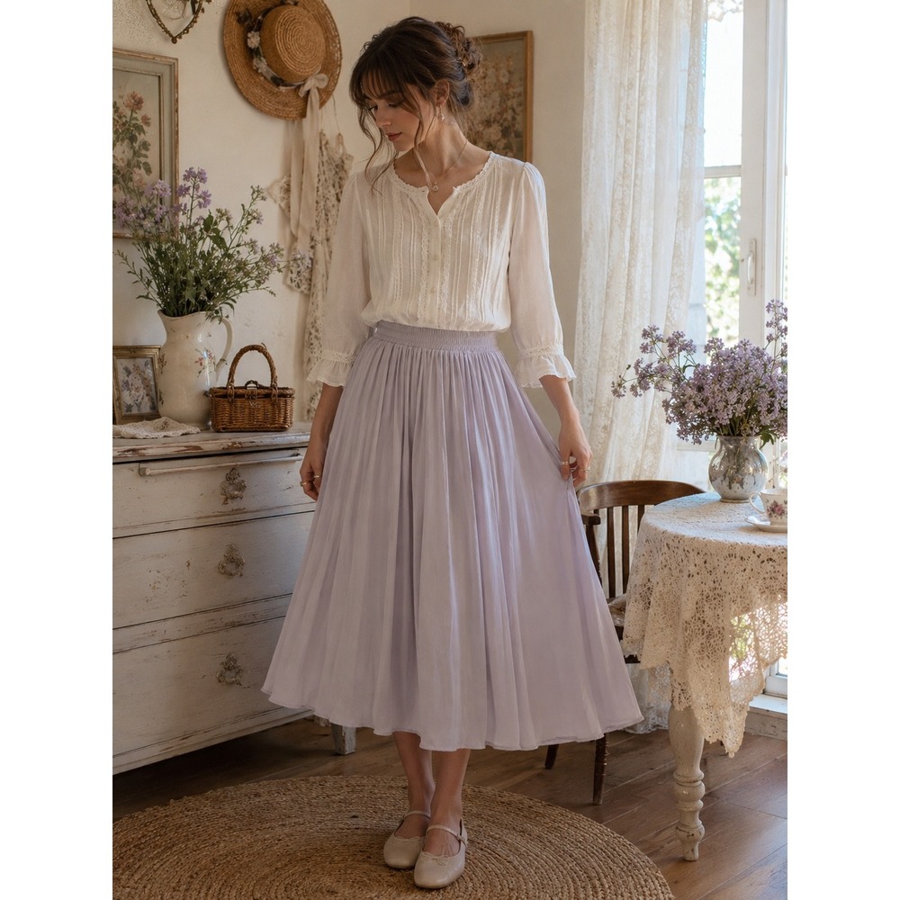 Boho Cottagecore TradWife Live 4 Truth Light Purple Pleated PullOn M Midi Skirt